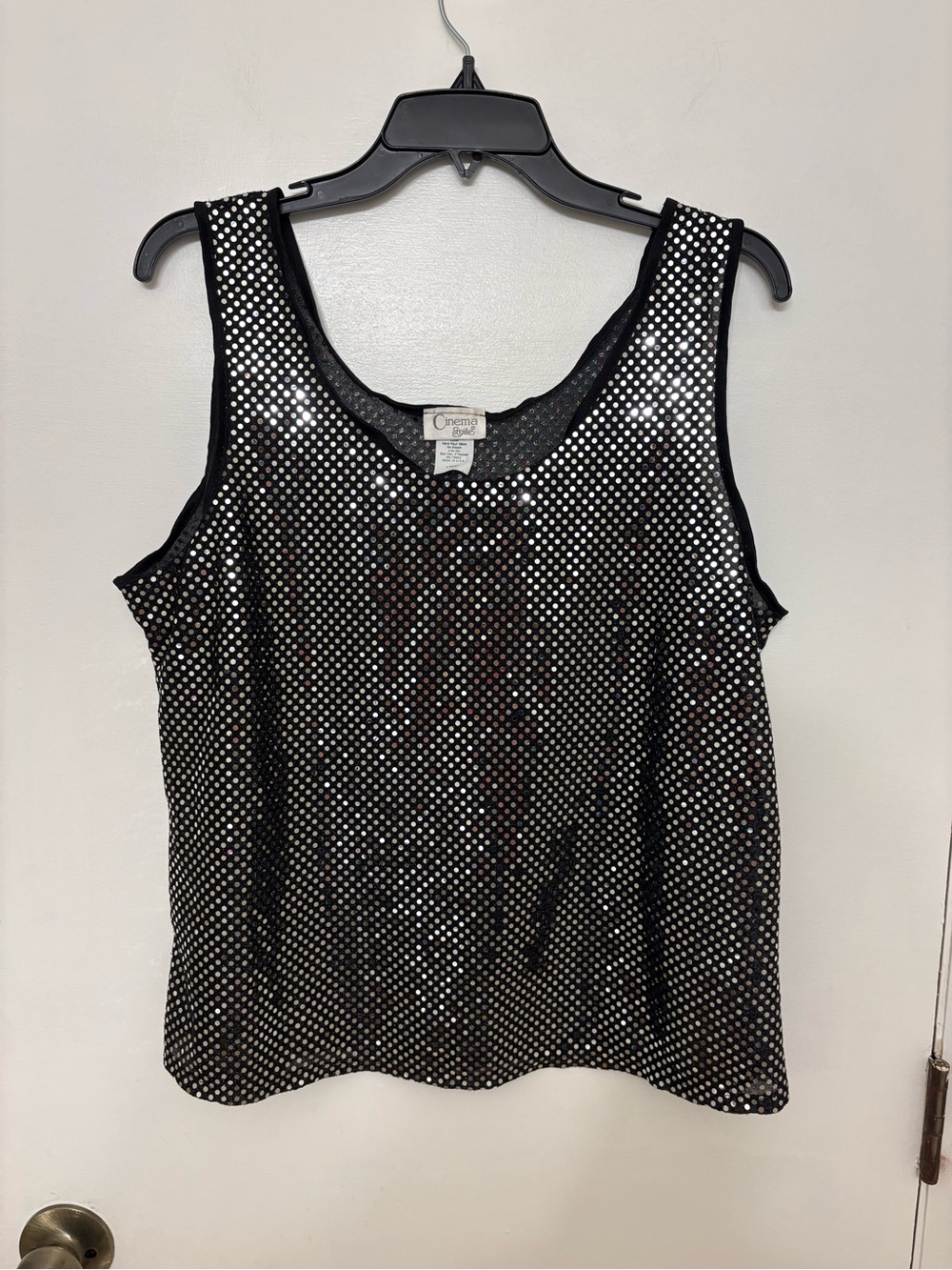 Vintage Y2K Cinema Etoile Sheer Sequin Tank Top Made in USA Metallic Black Large